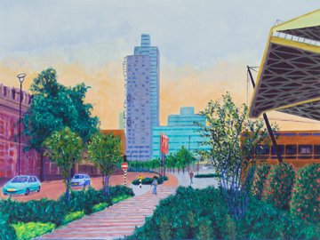 Colorful impressionistic cityscape of the Spoorlaan street in Tilburg, The Netherlands.